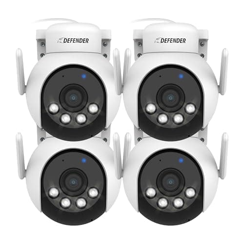 Defender AI Powered 4K Everwatch PTZ Plug in Outdoor Camera, AI Human/Vehicle Detection, WiFi 6/Bluetooth Wireless Camera, Color Night Vision, Deterrence, Mobile App, 4 x 64GB SD Card, 4 Pack
