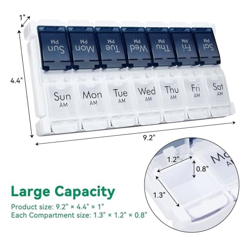 MERICARGO Weekly Pill Organizer 2 Times a Day, Easy Fill Large Pill Box 7 Day, Am Pm Medicine Organizer, Push Button Daily Pill Case for Vitamin, Fish Oil, Supplements 6