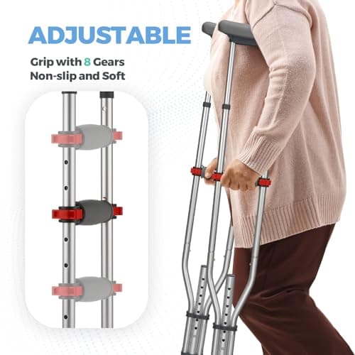 Geiserailie 1 Pair Aluminum Underarm Crutches Lightweight Crutches with Height Adjustment up to 300 Lbs Walking Aid for Adults Elder Range 4'6”– 6'6” with Underarm Pad and Hand Grip 6
