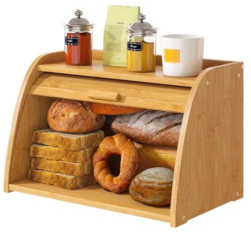 Vriccc Bread Box for Kitchen Countertop, Large Bamboo Wood Bread Box, Wooden Corner Bread Storage Capacity