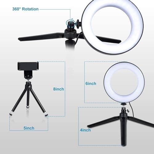 LED Ring Light 6" with Tripod Stand for Desk YouTube Video and Makeup, Mini Camera Light with Cell Phone Holder Desktop LED Lamp with 3 Light Modes & 11 Brightness Level (6 inch) 8