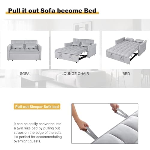 Trygoal Convertible Sofa Bed, Pull Out Couch with Side Pockets, 3 in 1 Velvet Fabric Loveseat Sleeper Sofa Bed, Pull Out Couch with Adjustable Backrest for Living Room, Bedroom, Apartment, Light Gray 7