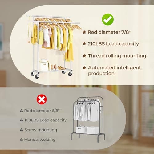 HYSEYY Double Rods Clothes Rack, Rolling Clothing Rack for Hanging Clothes Portable Wardrobe Rack, Metal Garment Rack Sturdy Coat Rack for Bedroom Laundry Living Room, White 5