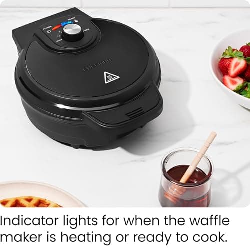 Chefman Anti-Overflow Belgian Waffle Maker w/Shade Selector, Temperature Control, Mess Free Moat, Round Iron w/Nonstick Plates & Cool Touch Handle, Measuring Cup Included, Black 6
