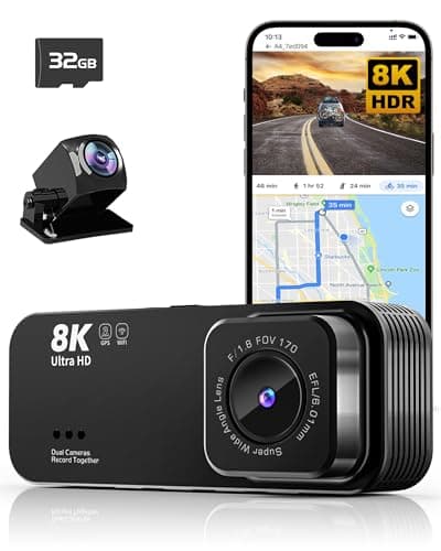 Dash Cam Front and Rear, Ultra HD 8K Dash cam, Dash Camera with Night Vision, Built-in Wi-Fi & GPS, WDR, 3.16" IPS Screen, Free 32GB Card, 24Hrs Parking Mode