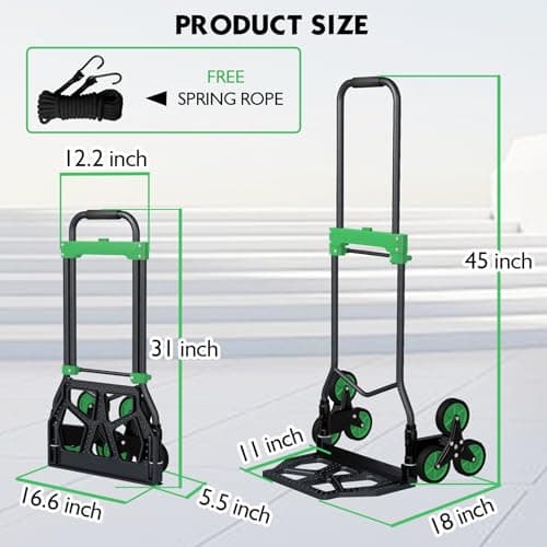 Heavy-Duty 330LB Capacity Hand Truck with Stair-Climbing Wheels & One-Touch Retractable Handle - Q235 Steel Collapsible Dolly Cart, 4.2-Inch Triple Wheels, Elastic Strap & Sponge Grip (Green) 5