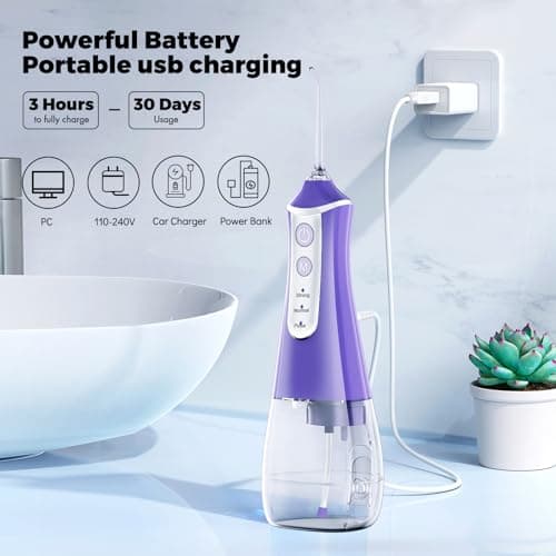 Cordless Water Flosser & Dental Pick for Teeth - 350ML Portable Oral Irrigator Tank Removable IPX7 Waterproof Home Travel Teeth Cleaner Professional Electric Flossing Machine - Purple 6