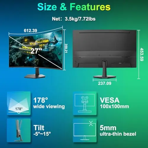 SANSUI Curved Monitor 27 inch 120Hz USB Type-C Computer Monitor with Speakers Built in丨FHD 1080p丨HDR丨110% sRGB丨1500R丨VESA Compatible,for Tablet,Desktop,Laptop and PC Work Gaming 8