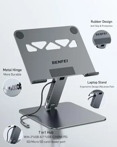 BENFEI Laptop Stand with USB C 7in1 Docking Station,HDMI 4K@60Hz,1*SD 1*Micro SD,100W Power Delivery,10Gbps 1*USB C 3.2 and 2*USB A 3.2 Compatible with MacBook Pro/Air, iPad Pro, XPS, Thinkpad 8