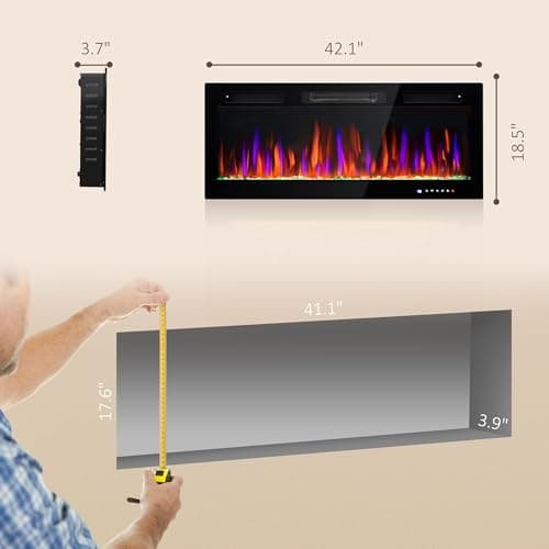 HOMCOM 42" Electric Fireplace Recessed and Wall Mounted, Freestanding with Remote, 750W/ 1500W Ultra-Thin Fireplace Heater and Linear Fireplace with Timer, Adjustable Flame Effect, Crystal, Black 7