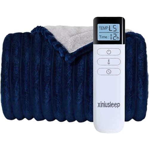XINIUSLEEP Heated Blanket Electric Blanket 50"x60", Soft Flannel Sherpa Electric Throw with 5 Heating Level & 12 Times Setting, Heated Throw with Overheating Protection, Machine Washable (Navy Blue)