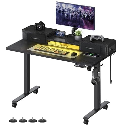 VASAGLE Electric Standing Desk with Drawers, 47.2 x 23.6 Inches, Sit Stand Desk with Power Outlet and LED Lights, Adjustable Height, Storage Shelf, 3 Memory Buttons, for Home Office, Ink Black