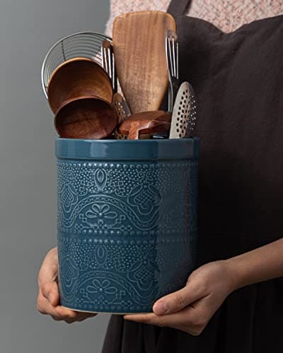 Fun Elements Kitchen Utensil Holder, 7.2" Super Large Utensil Crock Heavy and Stable Lace Emboss Ceramic Utensil Holder for Kitchen Counter (Grayish Blue) 6