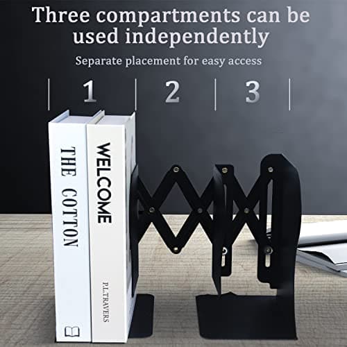 Adjustable Bookends, 19 inches 2 Dividers Heavy Duty Metal Book Holders, Book Storage Rack, Desk Organizer Magazine File Holder for Office, School, Bookstore and Home, Black 6