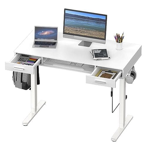 SHW 48-Inch Electric Height Adjustable Desk with Keyboard Tray and 2 Drawers, White 9