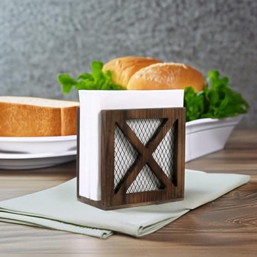 FARM IN Rustic Napkin Holder, Farmhouse Style Solid Burnt Wood and Diamond Metal Wire Mesh Design, Barn Door “X-Cross” Design, for Home and Commercial Use 5