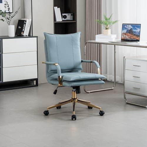 DRKAT Leather Home Office Desk Chairs Comfy Office Chair, Mid-Back Adjustable Swivel Computer Chair with Golden Legs and Arms, Modern Upholstered Task Chair with Wheels, Sage