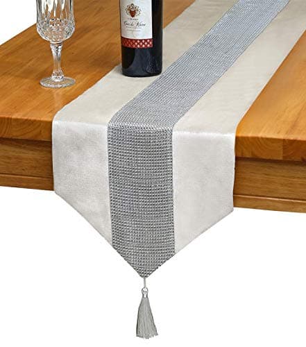 OZXCHIXU 13inch x 72inch Table Runner with Diamante Strip and Tassels (Beige) 2