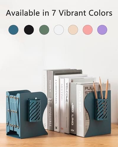 Kingsmile Book Ends, Adjustable Bookends for Shelves, Metal Bookends for Heavy Books, Book Stopper Organzier with Pen Holder for Desk, Kids Room, Office, Classroom, Library, Study Room.(Blue) 5