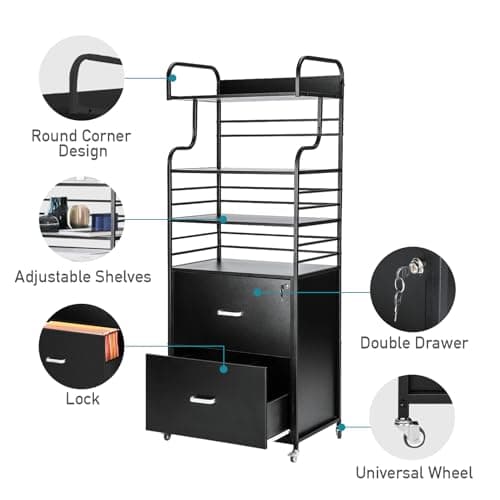 YORKING Vertical File Cabinet, 2 Drawer Mobile Filing Cabinet with 3 Bookshelf, Printer Stand with Open Storage Shelves Fits A4/Letter/Legal Size File Cabinets for Home Office Organizer, Black 5
