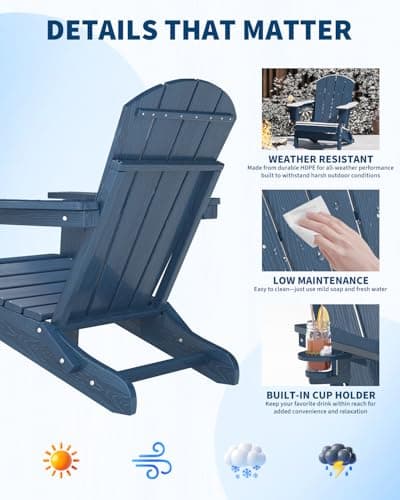 Folding Adirondack Chair Set of 2 with Side Table, All-Weather HDPE Outdoor Chair, Wooden Textured with Cup Holder for patios, Decks, Gardens, fire pits, Navy Blue 6
