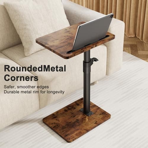 YUHFERA Sofa Armrest Tray Table for Couch - 360° Swivel Height Adjustable End for Small Spaces, Snack Side Table for Bed or Chair with Phone & Tablet Slot (Rustic,Standard) 6
