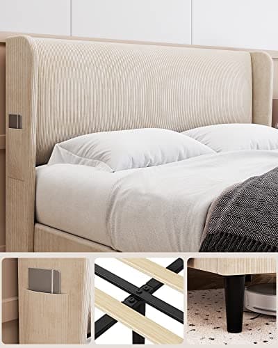 Homhougo Full Bed Frame with Headboad and Wingback, Velvet Upholstered Platform Bed with 2 Storage Pockets, Sturdy Wood Slat Support, No Box Spring Needed, Easy Assembly, Beige 6