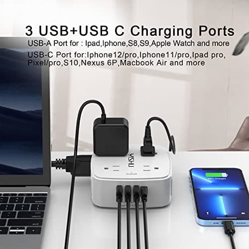 6 Ft Surge Protector Power Strip - 8 Widely Outlets with 4 USB Ports, 3 Side Outlet Extender with 6 Feet Extension Cord, Flat Plug, Wall Mount, Desk USB Charging Station, ETL,White 5