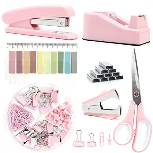 Pink Office Supplies, UPIHO Pink Desk Accessories, Stapler and Tape Dispenser Set for Women with Stapler, Tape Dispenser, Staple Remover, Staples, Clips, Scissor and Tabs,Gift for Students, Coworkers