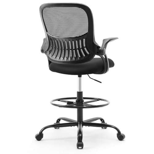 Sweetcrispy Tall Drafting Desk Chair - Ergonomic High Stool Computer with Adjustable Height and Comfy Lumbar Support, Office Rolling Counter with Flip-up Arm and Footrest, Black