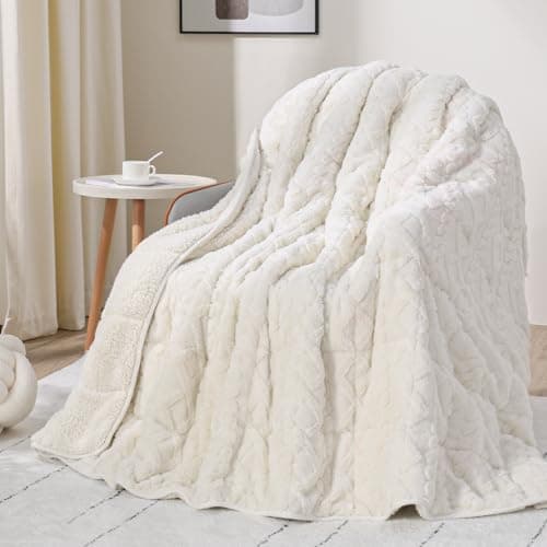 Drewin Weighted Blanket for Adults Queen Size 12 lbs, Soft Fuzzy Jacquard Sherpa Weighted Blankets for Sleeping, Cozy Sofa Bed Blanket for Winter, Cream White, 60 x 80 inches