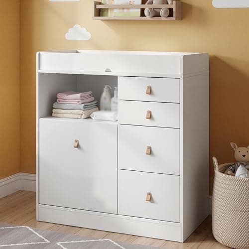 Timechee Baby Dresser Changing Table, Modern Nursery Dresser with Drawers, Storage Shelves, Diaper Changing Station for Nursery Room,Bedroom,Kids Room (White)