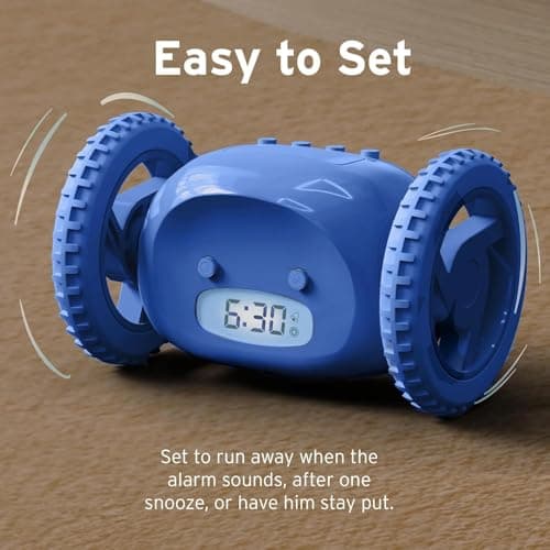 CLOCKY Alarm Clock on Wheels – Loud Rolling Alarm Clock for Heavy Sleepers | Runaway Clock That Jumps & Runs to Wake You Up | Funny Unique Gift for Adults, Teens & Kids Bedrooms (Blue) 5