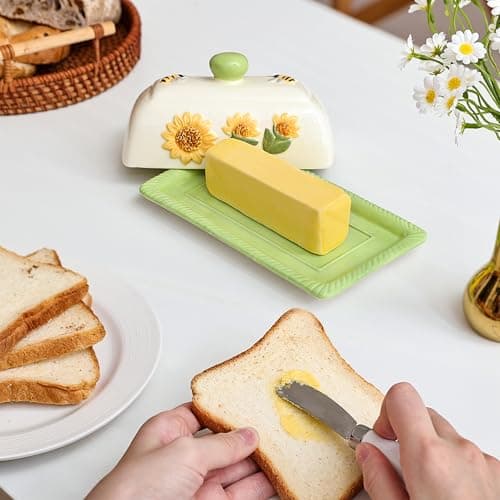 Fungi Fun Ceramic Butter Dish with Lid for Countertop – Decorative Sunflower and Mushroom Design, Unique Sunflower Kitchen Accessories, Cute Butter Dish with Cover for Countertop, Holds 2 Sticks 7