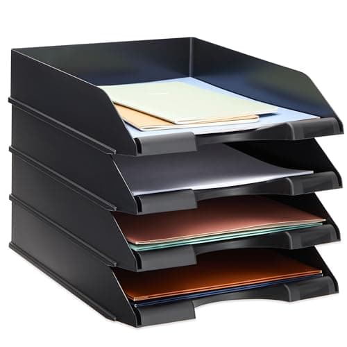 Stockroom Plus Letter Tray - Stackable Desk Organizer Trays - Desktop File Organizer - Mail & Document Storage - Pack of 4, Black, 10 x 13.5 x 2.5 in