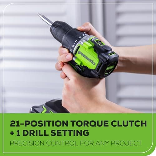 Greenworks 24V Brushless Cordless Compact 1/2 in. Drill/Driver Kit (Keyless Ratcheting Metal Chuck /530 in.-lbs. /21+1 Clutch Position/LED Light), 2×2Ah Battery and Fast Charger Included 7