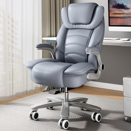 GYI Big and Tall Office Chair 400lb Wide Seat, Ergonomic High Back Leather Executive Desk Chair with Flip-up Arms, Gray/Blue