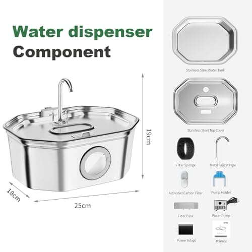 Cat Water Fountain Stainless Steel 108oz/3.2L, APAUK Automatic Pet Fountain Dog Water Dispenser with Water Level Window, Quiet Cat Fountain for Drinking, Inside with Replacement(1 Filter&1 Sponge) 7