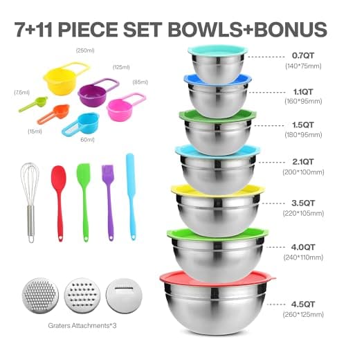 Mixing Bowls with Lids Set, 7PCS Mixing Bowl set for Baking Cooking Prepping & Food Storage, Stainless Steel Mixing Bowls Multi-Color, Includes Measuring Cups Spoon brush whisk and Bowls for Kitchen 7
