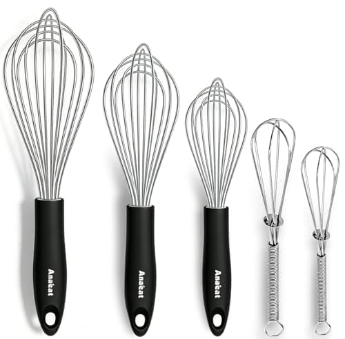 Anaeat Stainless Steel Kitchen Whisk Set of 5, Milk and Egg Beater Blender with Thick Wire for Whisking, Cooking, Baking, Beating and Stirring - 5"+7" Mini Whisk and 9''+11''+12'' Balloon Whisks