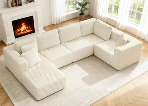 KINGYES 135'' Modular Sectional U Shaped Sofa, Upholstered Corduroy Boneless Couch Cloud Couch for Living Room, Beige
