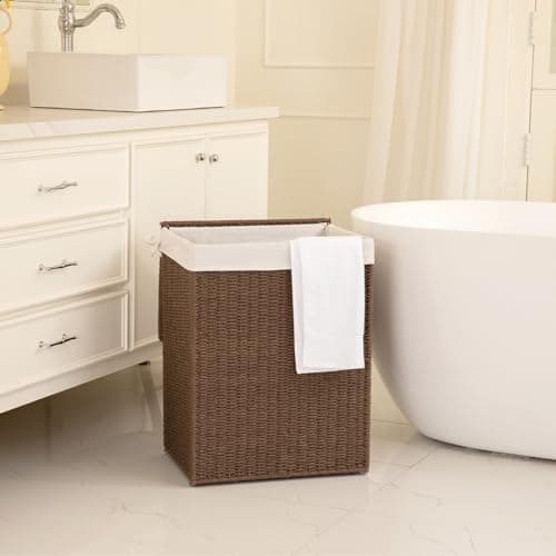 OIAHOMY Laundry Hamper with Lid, 23.8 Gal (90L) Wicker Hamper with Removable Liner Bags, Handwoven Clothes Basket with Handles, Foldable Woven Paper Rope Basket for Laundry Room, Bedroom-Brown 7