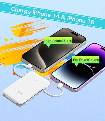 miisso 6000mah Ultra Slim Built in Cables Power Bank, Card Size Built in USB C Cords Battery Pack Portable Charger for Phones, 3 Output External Battery Pack Compatible with iPhone, Snow White 5