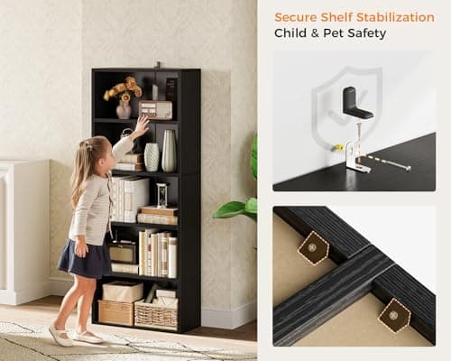 Casaottima 5-Tier Open Bookshelf and Bookcase, Floor Standing Display Storage Shelves for Living Room, Tall Book Shelf for Bedroom, Home Office, Dining Room, Black 6