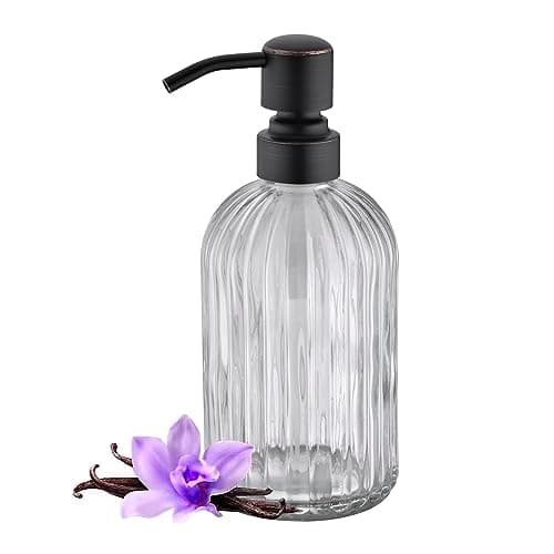 Leetcp 16Oz Clear Glass Soap Dispenser with Rust Proof Bronze Stainless Steel Pump, Refillable Bathroom Soap Dispenser with Vertical Stripe, Oil Rubbed Bronze Pump Kitchen Dispensers