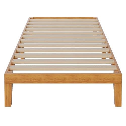 DUMOS Solid Wood Bed Frame, Twin Size Bed Base with Wood Slat Support, Sturdy, Stylish & Noise-Free Design, No Box Spring Needed, Easy Assembly, 12 in Natural Pine