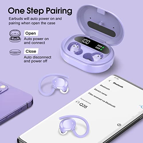 Wireless Earbuds, 2023 New Ultralight Sport Bluetooth 5.3 Headphones In Ear with LED Display, Built-in Mic Earphones, IPX7 Waterproof Wireless Headphones with Earhooks for Gym Workout (Purple) 5