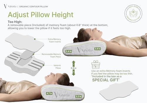 Vaverto Orthopedic Cervical Pillow for Side Sleeping- Adjustable Contour for Neck & Pain Relief, Ideal for Side, Back & Stomach Sleepers, Odorless Memory Foam, Organic Cotton Cover - Standard Size 8