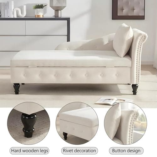 Iroomy Chaise Lounge Indoor with Storage, Upholstered Chaise Lounges Couch with Pillow for Living Room, Modern Nailhead-Trimmed Tufted Lounge Chair, Bedroom and Office, Beige, Left Armrest 7