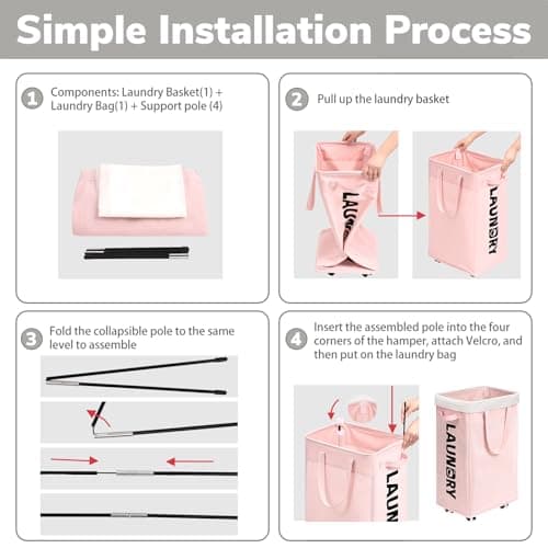 CHICVITA Slim Laundry Hamper with Wheels 75L, Collapsible Rolling Laundry Basket for Living Room, Pink Laundry Hamper for College Dorm 7